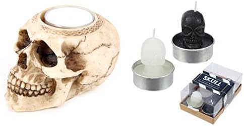 Skull Gifts Bundle - Skull Tealight Candle Holder and Set of 6 Skull-Shaped Candles - The perfect set of altar ornaments to add to your gothic home decor