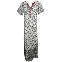 Mogul Interior Womens Cotton Caftan White Floral Print Embroidered House Dresses L