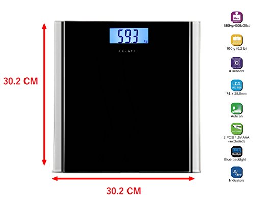 EXZACT – Personenwaage/ Elektronische Körperwaage / Digitale Badezimmerwaage – Große Kapazität 180kg / 400lb / 28st – Hohe Präzision, Schritt-auf, Hintergrundbeleuchtung LCD-Anzeige – Schlank – Farbige Glasplattform (Schwarz) - 5