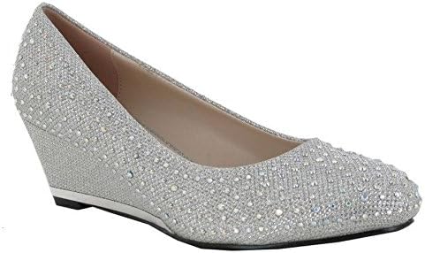 Strictly Ladies Womens Low Heel Wedge Diamante Evening Wedding Dress Courts Shoes Size -Silver-UK 5-UK 5