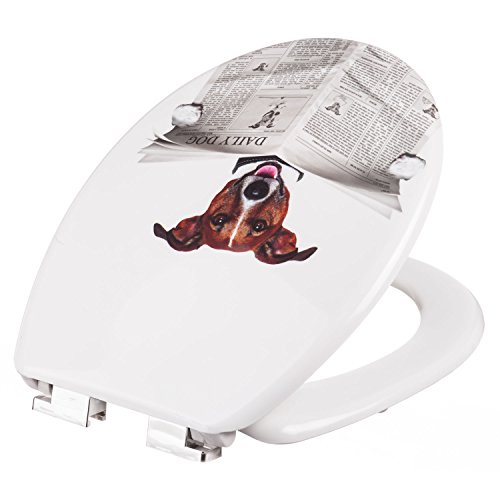 WC Sitz mit Absenkautomatik, Duroplast Toilettendeckel, Softclose Klobrille – Motiv Hund mit Zeitung Design Dekor - 4