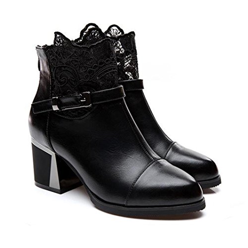 feiXIANG Stivali Donna Donne Ladies Metal Fibbia Zip Plaid Pizzo Grosso Stivali Moda Scarpe comode,Cuoio Artificiale,Gomma (EU37, Nero)