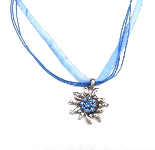 Trachtenkette und Ohrhänger mit Schwarz und Klar Edelweiss silber-farben Trachtenschmuck und Trachten-Ohrringe und Trachtenkette und Trachtenhalskette fürs Dirndl zur Wiesn und Oktoberfest