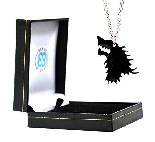 Samt Box – Game Of Thrones Inspiriert Halskette – Schwarz Wolf Kopf – Jon Snow Anhänger – House Stark Sigil