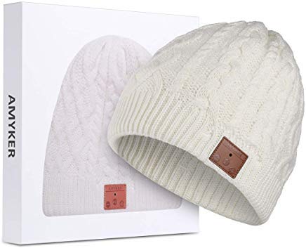 Azzker - Gorro de Invierno inalámbrico Bluetooth 5.0 con micrófono Integrado Desmontable y Altavoces estéreo HD para Familia y Regalo (02-White)