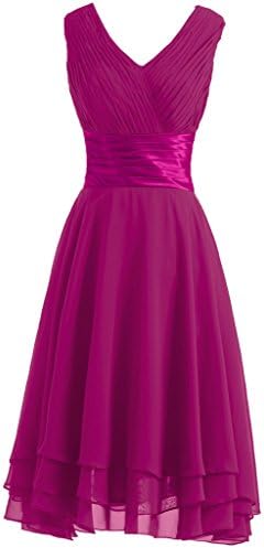 Victory Bridal Simple Knee-Length V-Neck Hi-Lo Bridal / Evening / Dance / Summer / Bridesmaid Dress / Gown with Plaits, Short, Chiffon -  pink - L