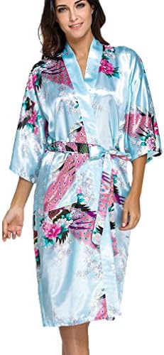 Women's Satin Dressing Gowns Peacock Blossoms Bridesmaid Kimonos Nightwear Robes
