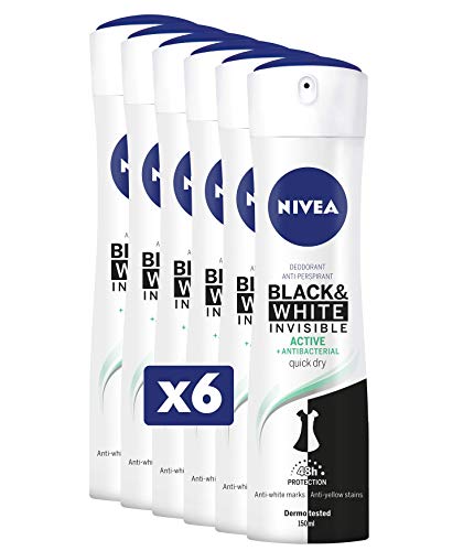 Nivea Black & White Active Deodorant Spray, 150 ml, Pack of 6