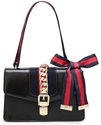 Koyi Ladies Shoulder Bag Leather Lock Shoulder Messenger Bag Ribbon Stripe Satin Handbag,Black-Large