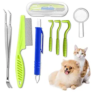 Qpets? 7 Pcs Ticks and Fleas Remover for Dogs, Grooming Tools Tick Remover Tool Set,Pet Lice Remover Tick Tweezer, for Dogs Cats