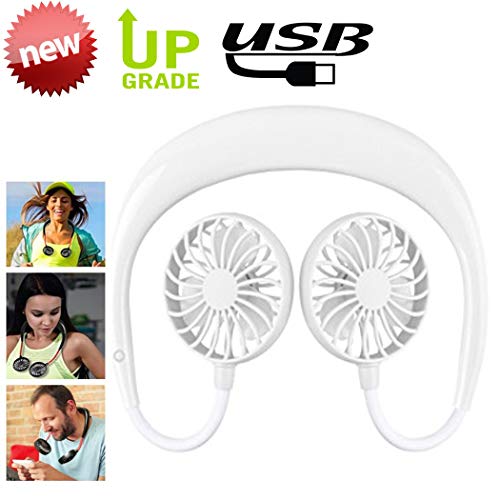 PZJ Portatile Collo Ventilatore Mini USB Ricaricabile Sport Fan Jogging Auricolare Design Auricolare Wearable Necklance Fan with LED Double Wind Head (Bianco)