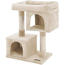FEANDREA Arbre à Chat Colonne en sisal pour aiguiser Les Griffes 2 niches luxueuses Maison de Jeu Meubles pour Chatons, Chats et félins Couleur Beige PCT61M
