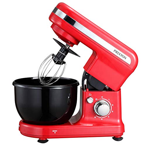 Prixton Robot Pâtissier 600W avec Crochet Double, Faible bruit Batteur Électrique, 4L avec 6 Vitesses Robot Multifonctionne avec protection anti-éclaboussures, Fouet, Feuille KR100 Rouge