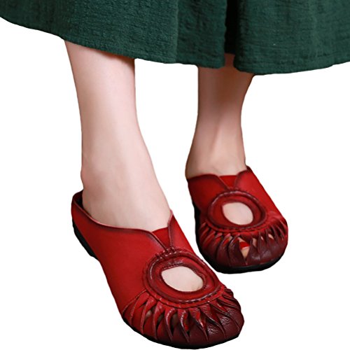 Vogstyle Damen Strand Pantoffeln Leder Höhlen Heraus Flache Sandalen - 3