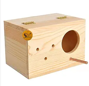 Sage Square 9 Inches Jumbo Size Natural Wood Mountable Nest Cum Breeding Box with Perch Attached for Birds