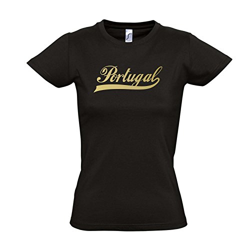 Damen T-Shirt – Portugal Oldschool LÄNDERSHIRT EM / WM FAN Trikot S-XXL , Deep black – gold , S
