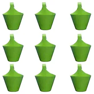 Abasr Hanging Planters for Plants Railing Flower Pots, Balcony Railing Vertical Hook for Home Gardening, Unbreakable Plastic Plant Container (Green, Pack of 9)