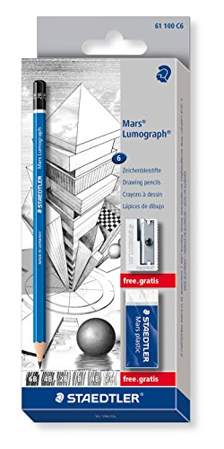 Staedtler 61 100 C6 Zeichenbleistift Mars Lumograph (Sechskantform, unglaublich bruchfeste Premium-Bleistifte, hohe Qualität Made in Germany, Set mit 6 Zeichenbleistiften, 1 Radierer und 1 Metallspitzer)