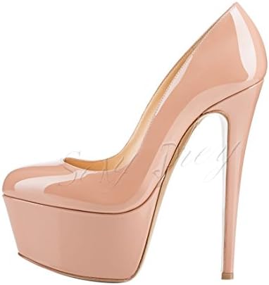 SexyPrey Women's Round Toe High Heels Big Size Platform Sandals Slip On Dressy Pumps Shoes Nude Patent Uk2.5