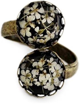 Miss Lovie Damen Mädchen Modeschmuck Schmuck Vintage Echte Blüten Ring Verstellbar Harz Schwarz Weiß Bronze
