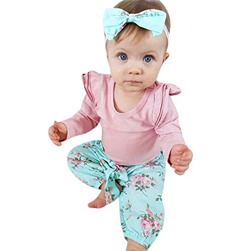 Preisvergleich Produktbild Overdose Säuglingsbaby Mädchen Schmetterlings Hülsen Spielanzug Langarm Bluse Tops Oberteil + Floral Hosen + Stirnband 3PCS Outfits Sets (0-6M, A-Pink)