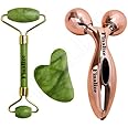 Finalize 3D Manual Roller Face Body Massager With And Anti Aging 100% Natural Jade Stone Roller Msagger With Gua Sha Tools for Face and Body Massager- (GOLD 3D+STONE)