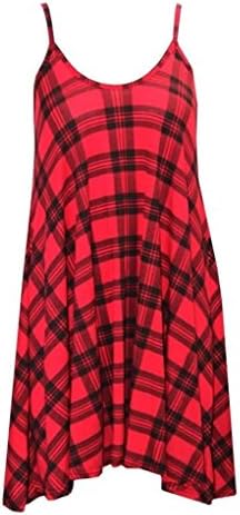 New Ladies Flare Multi Print Swing Cami Dress (L/XL (14/16), Red Tartan)
