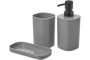 Envenzo Bathroom Set Accessories 3Pcs Soap dispenser Toothbrush Holder Cup Soap dish, Set of 3 Bathroom Accessories, Bathroom Decoration in PP, Modern and Practical Design (Grey)