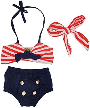 ASBYFR Summer Child kid Baby 3 Pcs Swimwear Striped Halter Bow Top+Bottom+Headband Swimsuit for Girls (2T/3T)