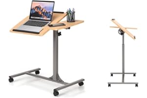 LIFEZEAL Beweglicher Stehtisch mit 4 Rollen, Höhenverstellbarer Laptoptisch, Ergonomischer Notebooktisch, Schreibtisch mit Winkeleinstellbarer Tischplatte, Überbett-Tisch für Wohnzimmer (Walnuss)