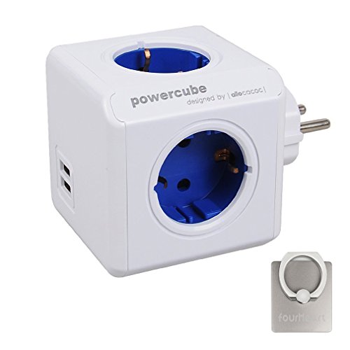 Allocacoc PowerCube 2 USB Port 4 Verteiler Reiseadapter mit Rücksetzbare Sicherung Steckdose 230V Schuko, Cobalt Blau