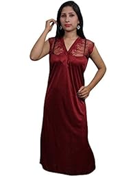 Indiatrendzs Women Maxi Night Gown Satin Maroon 2pc Set Nightwear Nighty With Robe