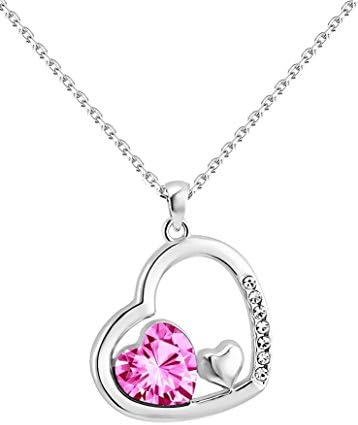 Yparah Women's Necklace, Double Heart, Pink, Swarovski Crystal