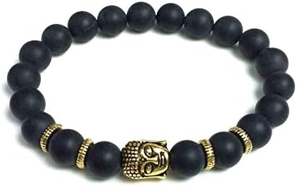 Elegant natural stone bracelet with gilded Buddha head and matte onyx pearls