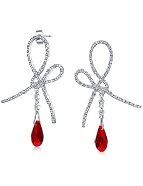 CZ Briolette Simulated Red Garnet Bow Earrings Rhodium Plated
