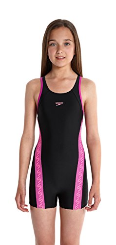 Speedo Girl's Monogram Legsuit Swimsuit - Black/Diva/Princess Pink, Size 26