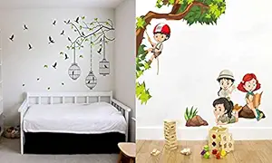 Ghar Kraft Flying Bird with Cage and Kids Activity PVC Wall Sticker Set of 4