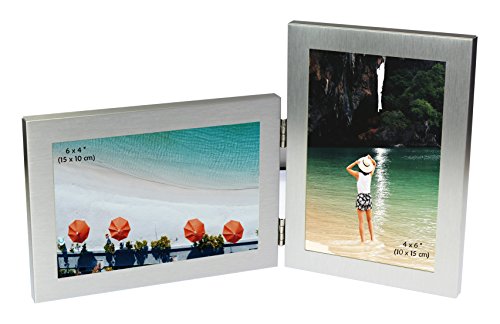 Gebürstetes Aluminium Satin Silber Farbe Twin 2 Bild Doppel Folding Foto Frame Geschenk – fotografiert 2 Standard 6 x 4 cm (1 Landschaft und 1 Portrait-Stil) - 2