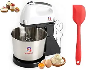 BHRAKUTI Stand Mixer 7 High Speed Scarlet Beater for Cake Baking 2 in 1 Electric Hand Roasting Appliances Cream Dual Function Hand and Stand Mixer for Kitchen Baking Tools With 1 Pcs Red Spatula (Standard, White Color)