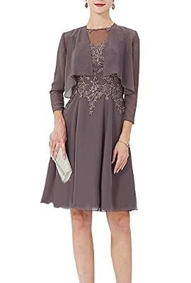 Dressvip Robe Mère de Cérémonie de Cocktail de Soirée pour Mariage Violet mi Longue Manche 3/4 au Genou Dentelle avec Veste