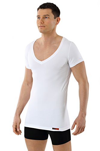 ALBERT KREUZWhite Business Undershirt of Functional Technical Fabric (Cotton Coolmax®), Anti-Sweat Dry Skin Effect, with deep V-Neck and Short Sleeves