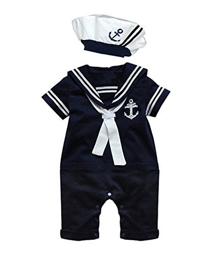 Baby Boy Girl Sailor 1pc Romper Suit with Hat (6-12 Month, Navy blue)