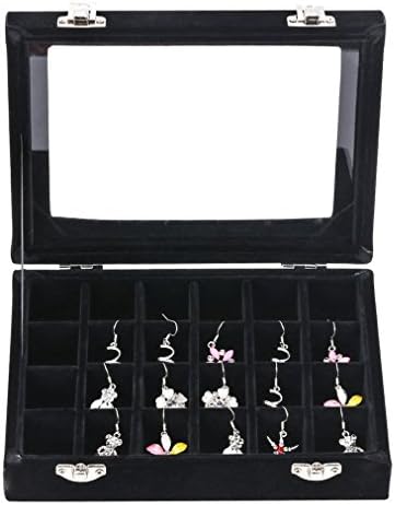 Lantwo 24 Grids Velvet Glass Ring Earrings Jewelry Box Earrings Organiser Storage Holder Display Case, 2 Locks