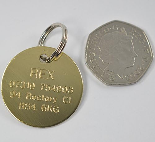 Pet Name ID Tag Personalised Brass Nickel Engraved Cat Dog Horse Disc Bone Heart Large Medium Small (32mm Round, Brass (gold))