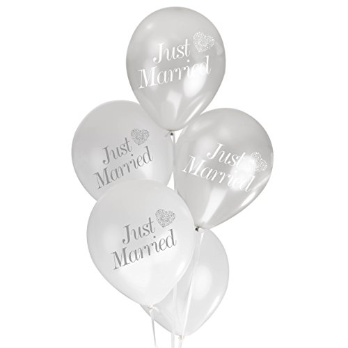 Luftballons mit der Aufschrift "just married" & einem Herz in weiss & silber - Inhalt 8 Ballons pro Packung - originelle Deko für Ihre Hochzeit