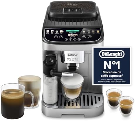 De’Longhi Magnifica Evo Next – Perfetto Macchina da Caffè Automatica, LatteCrema Montalatte Automatico, 13 Bevande in un Solo Tocco, Display Touch a Colori, Argento e Nero (ECAM312.80.SB)