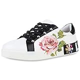  SCARPE VITA Damen Sneaker Low Blumen Print Turnschuhe Schnürer Leder-Optik Schuhe Nieten Freizeitschuhe Strass 175927 Weiss Schwarz 38
