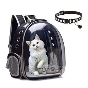 BURAQ Astronaut Space Transparent Capsule Air Breathable Airline Approved Transparent Carrier Backpack with Nylon Collor for Travel, Hiking and Outdoor for Puppies & Cats (Black)