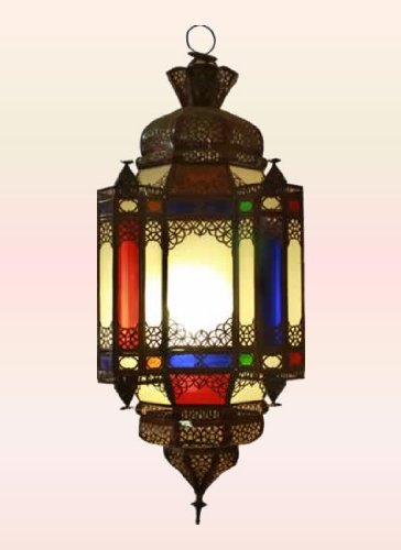 détail Laiton Antique marocain lanterne de plafond mère &AMP; 4 enfants- verre multicolore -55 x 22cm