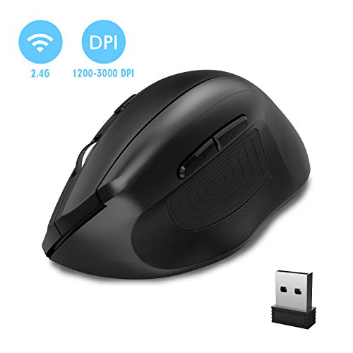 Dbpower - Mouse wireless 2,4 G, verticale, ergonomico, mouse ottico da gioco con 4 regolazioni di DPI (3.000/2.400/1.600/1.200), nano-ricevitore USB, per ufficio, 6 pulsanti, nero